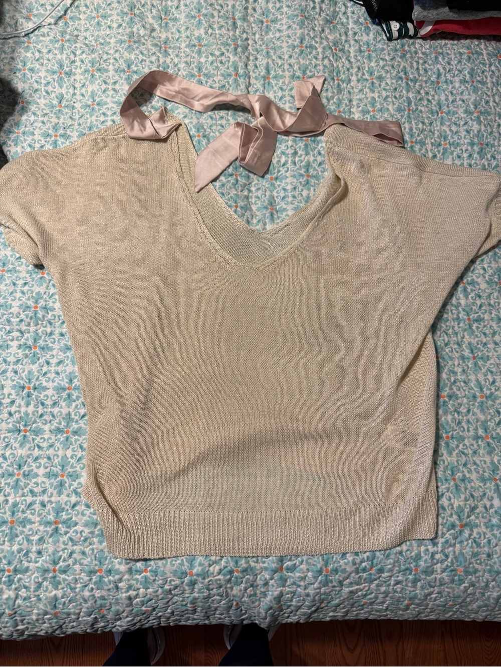 SHEIN Beige V-Neck Sweater with Satin Back Tie